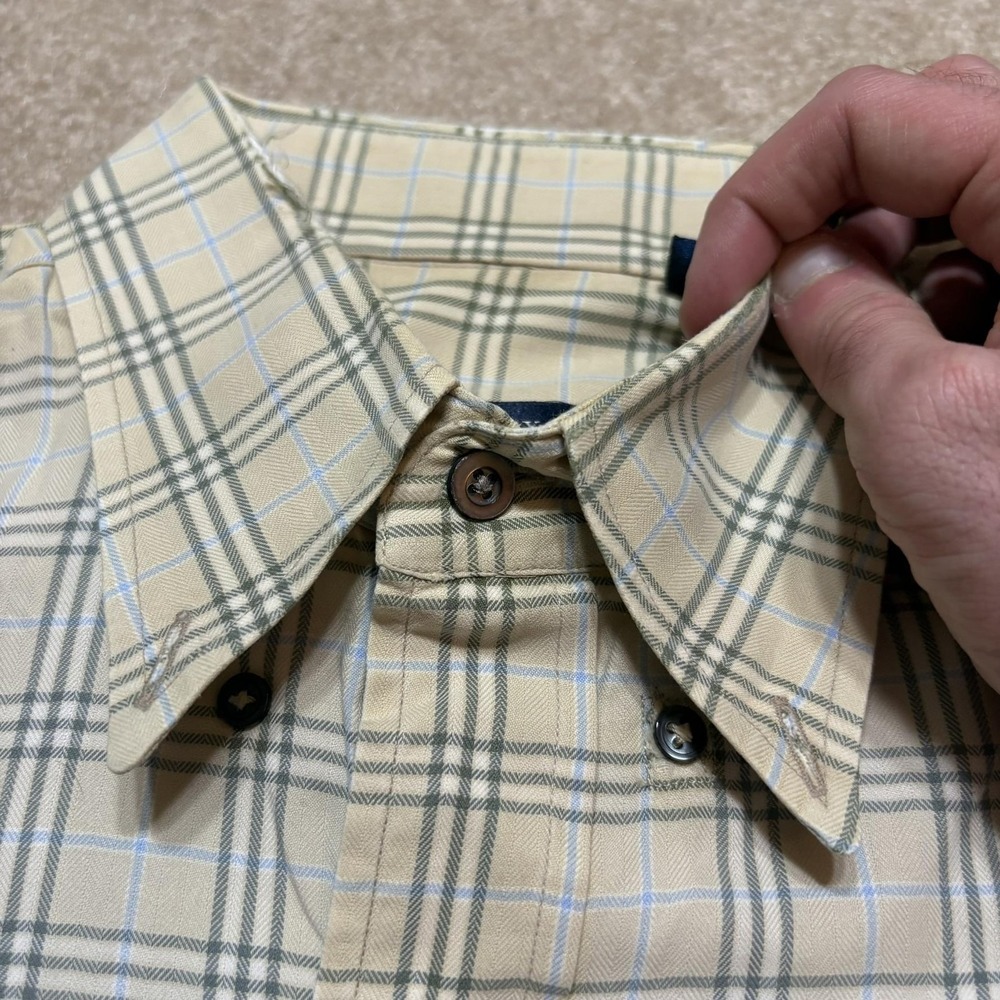 Burberry London Shirt Mens Medium Beige Plaid Twill Button Down LS USA Distress - Picture 10 of 16